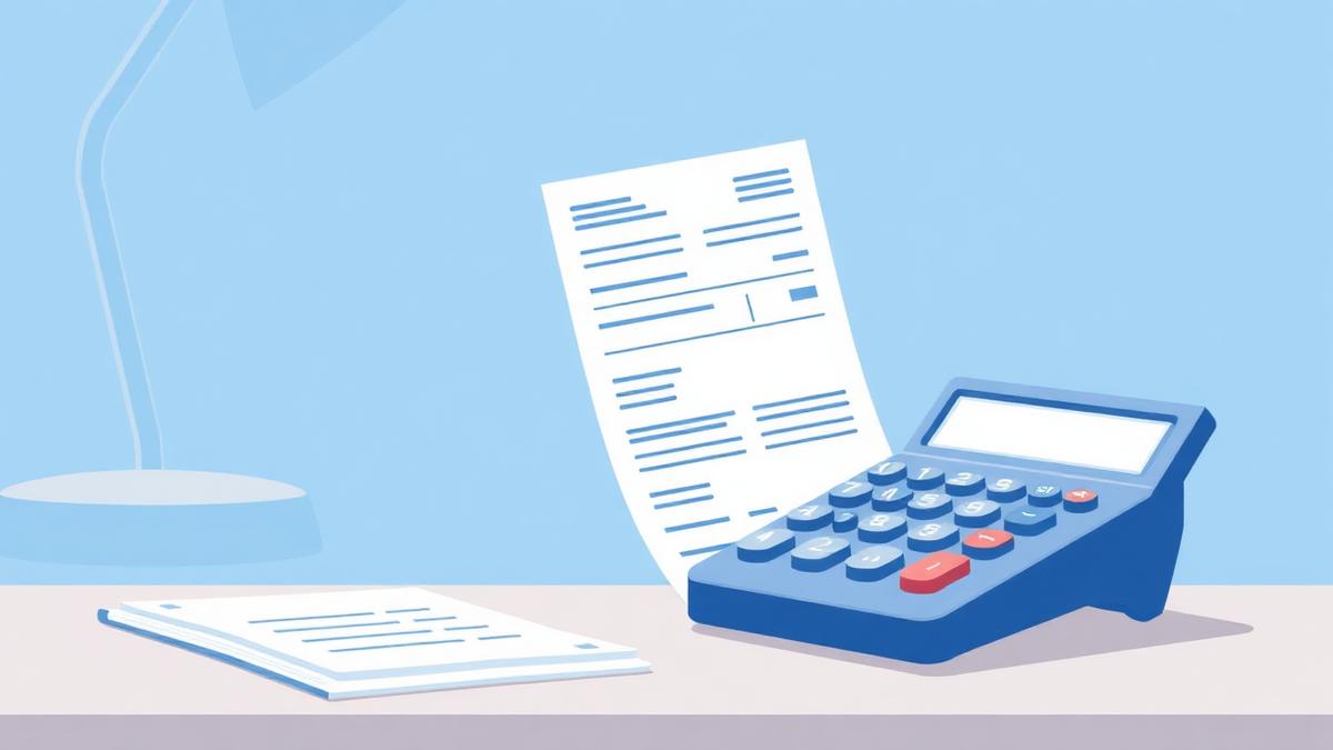 Illustration of a pay stub and calculator on a desk